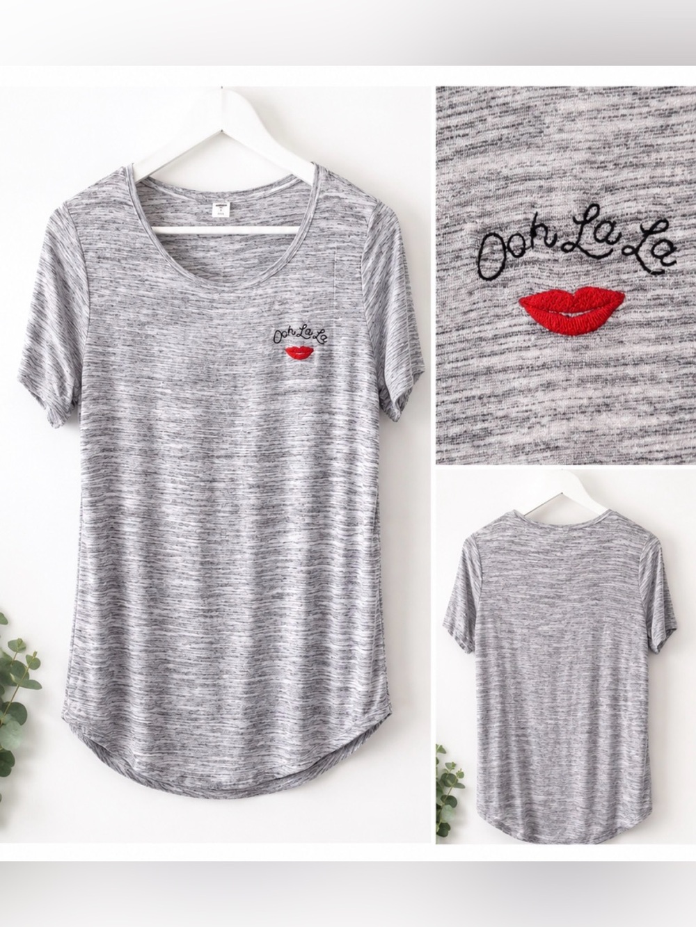 Ooh La La Gray Marled Embroidered Lips T-Shirt